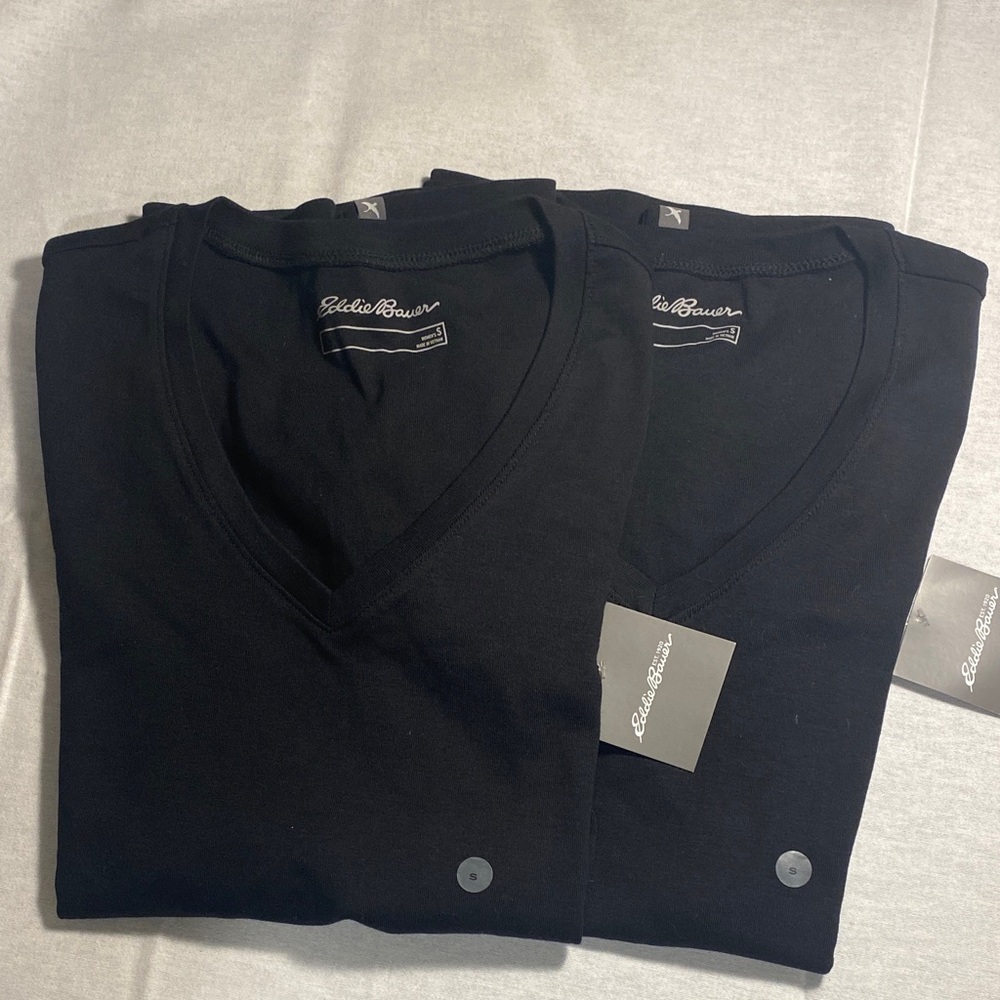 2 Eddie Bauer Woman’s Black V-Neck short sleeved t-shirts
